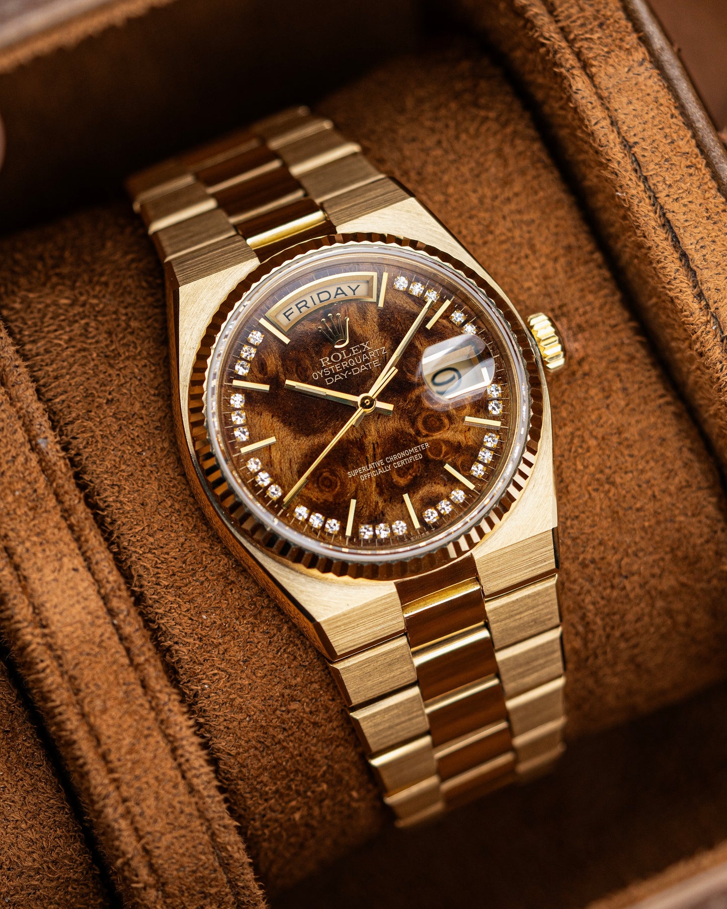 Rolex Day-Date Oysterquartz Burl Wood Diamond Dial - Ref. 19018