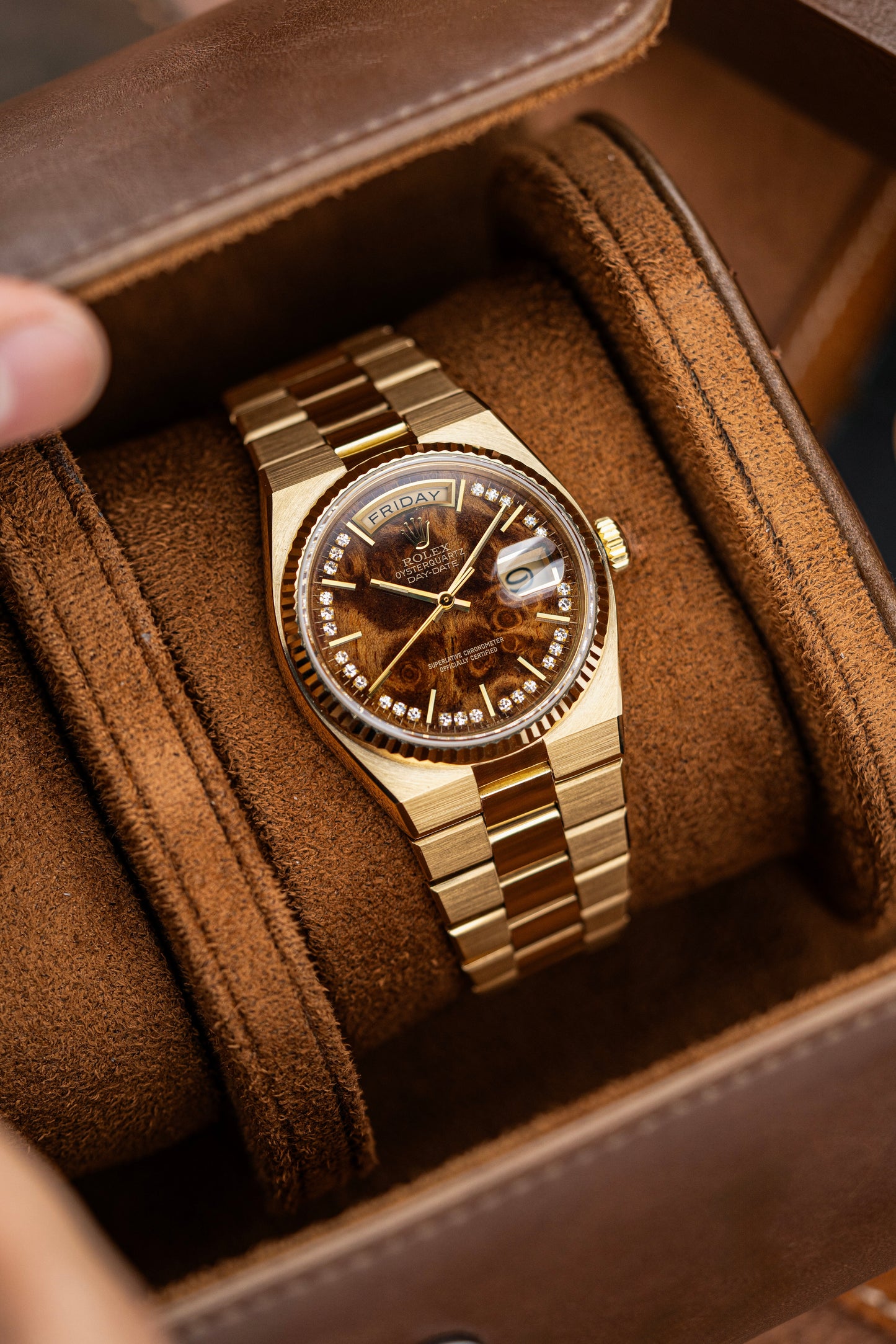 Rolex Day-Date Oysterquartz Burl Wood Diamond Dial - Ref. 19018