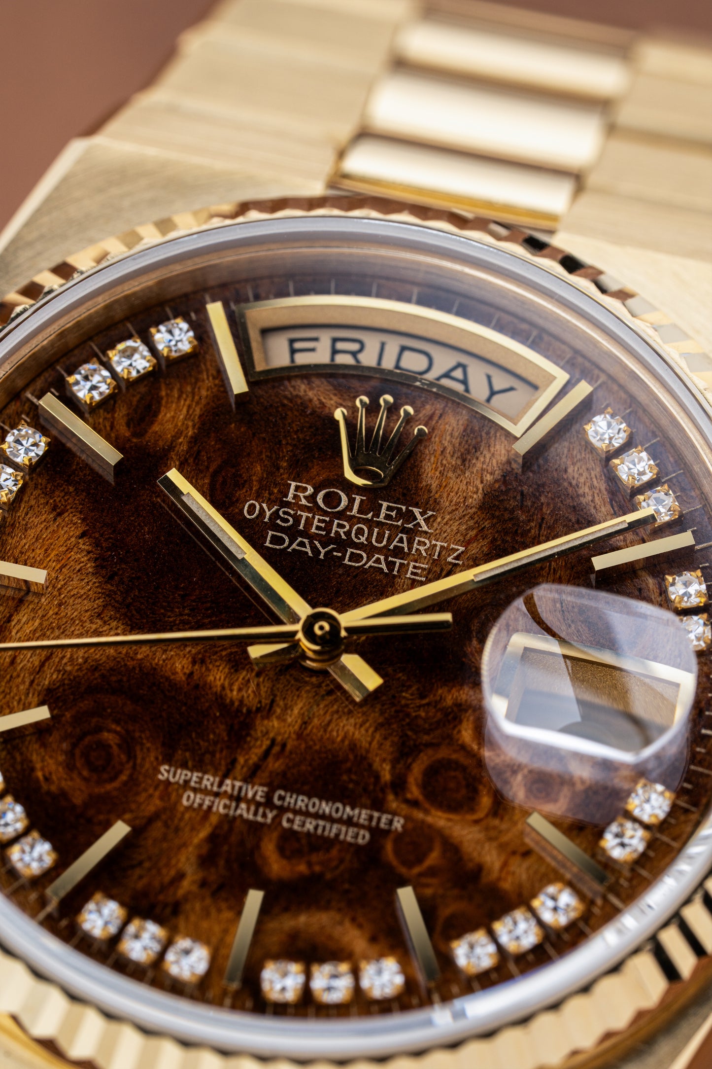 Rolex Day-Date Oysterquartz Burl Wood Diamond Dial - Ref. 19018