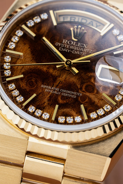 Rolex Day-Date Oysterquartz Burl Wood Diamond Dial - Ref. 19018