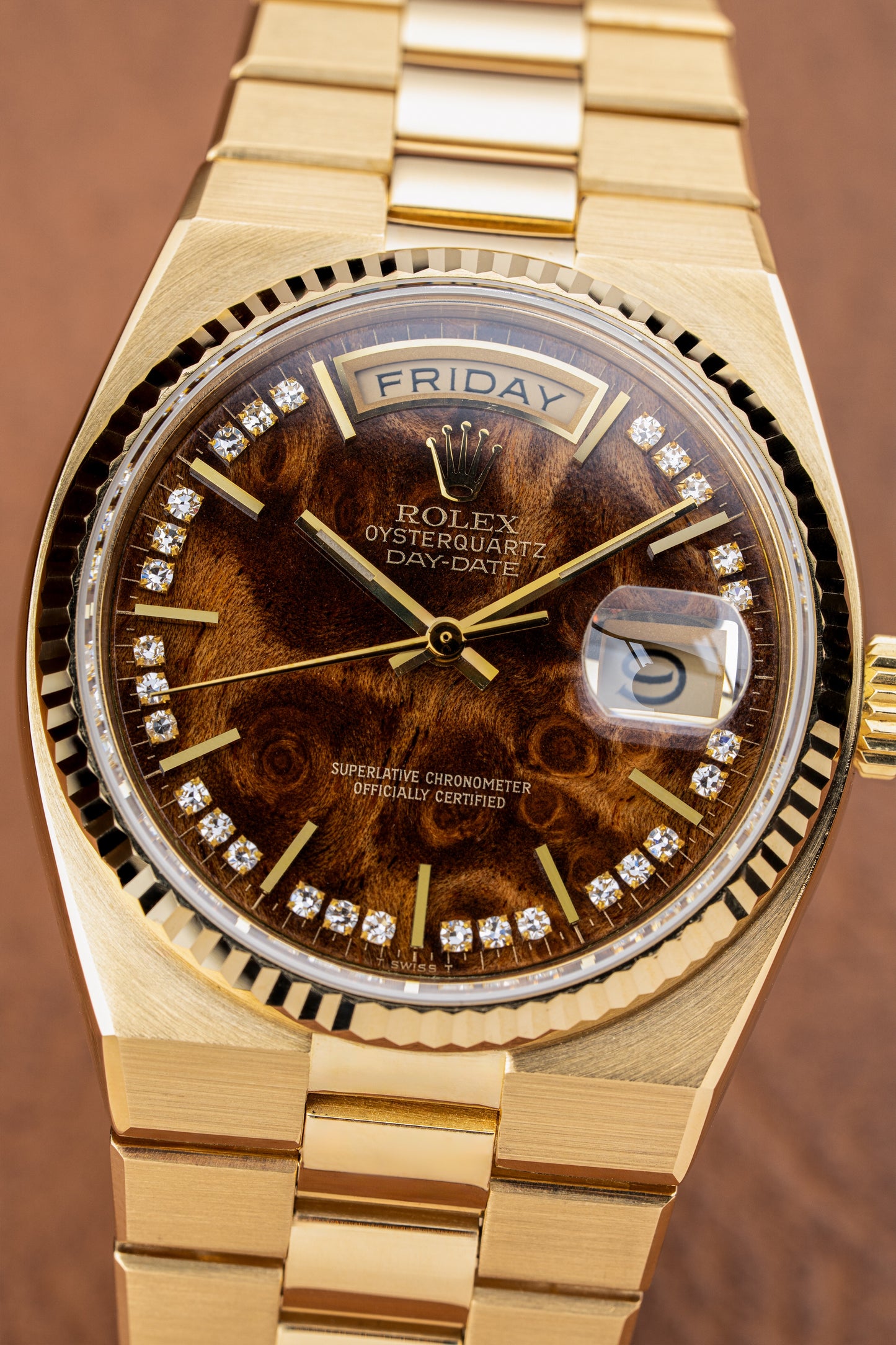 Rolex Day-Date Oysterquartz Burl Wood Diamond Dial - Ref. 19018