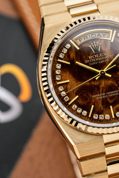 Rolex Day-Date Oysterquartz Burl Wood Diamond Dial - Ref. 19018